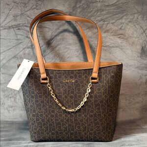 Calvin Klein Signature Brown Tote with Gold Chain